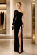 Graceprom sleek black one‑shoulder prom dress, long sleeve, fitted mermaid skirt and dramatic front high slit, front view