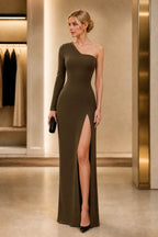 Black One‑Shoulder Long Sleeve High‑Slit Mermaid Prom Dress
