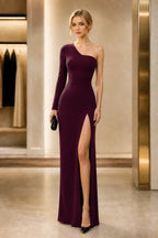 Black One‑Shoulder Long Sleeve High‑Slit Mermaid Prom Dress
