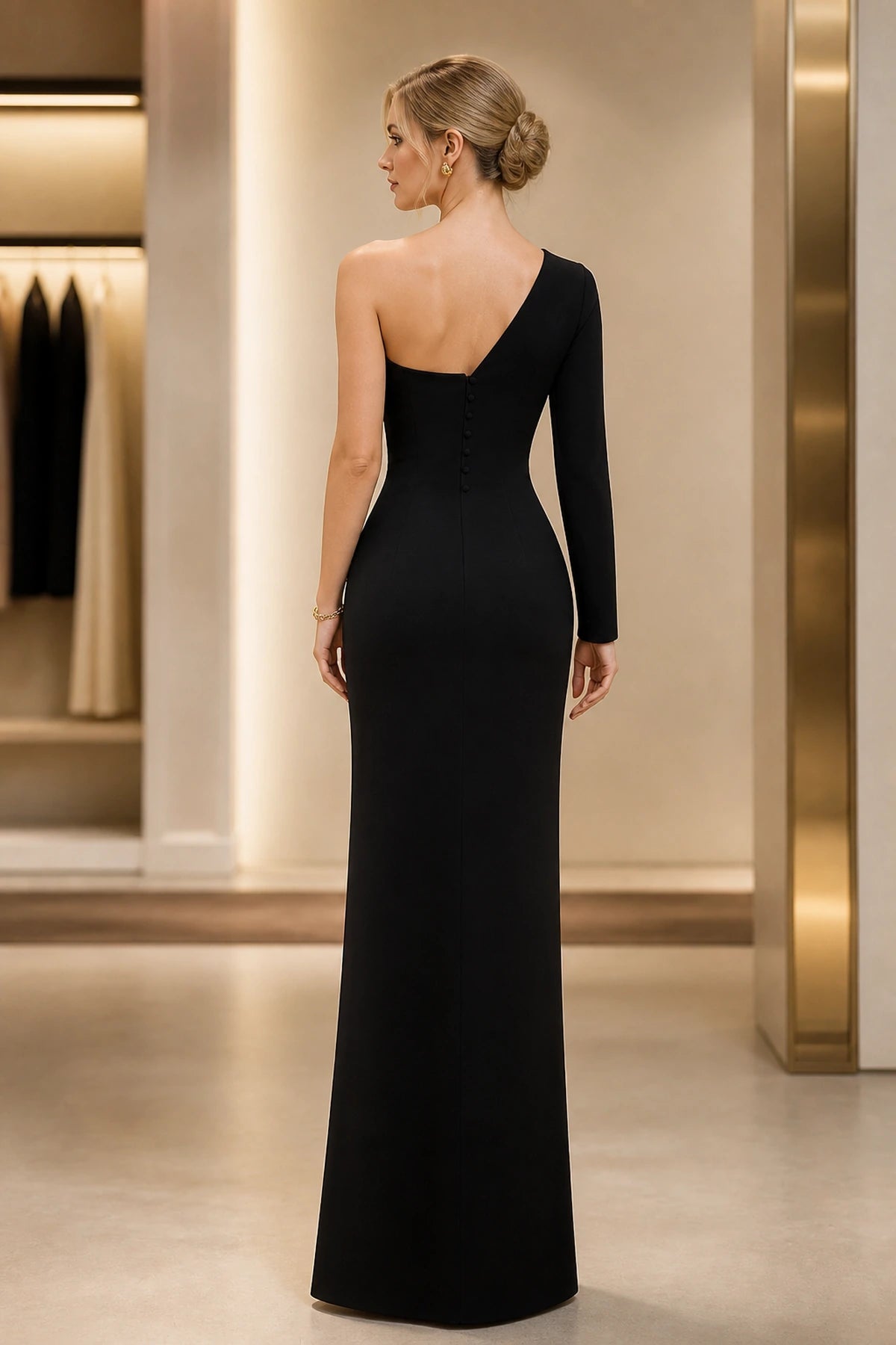 Graceprom black mermaid prom gown, open asymmetrical back with vertical decorative button details, back view