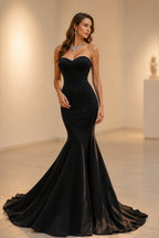 Graceprom black strapless sweetheart satin wedding guest dress, mermaid silhouette with long train, front view