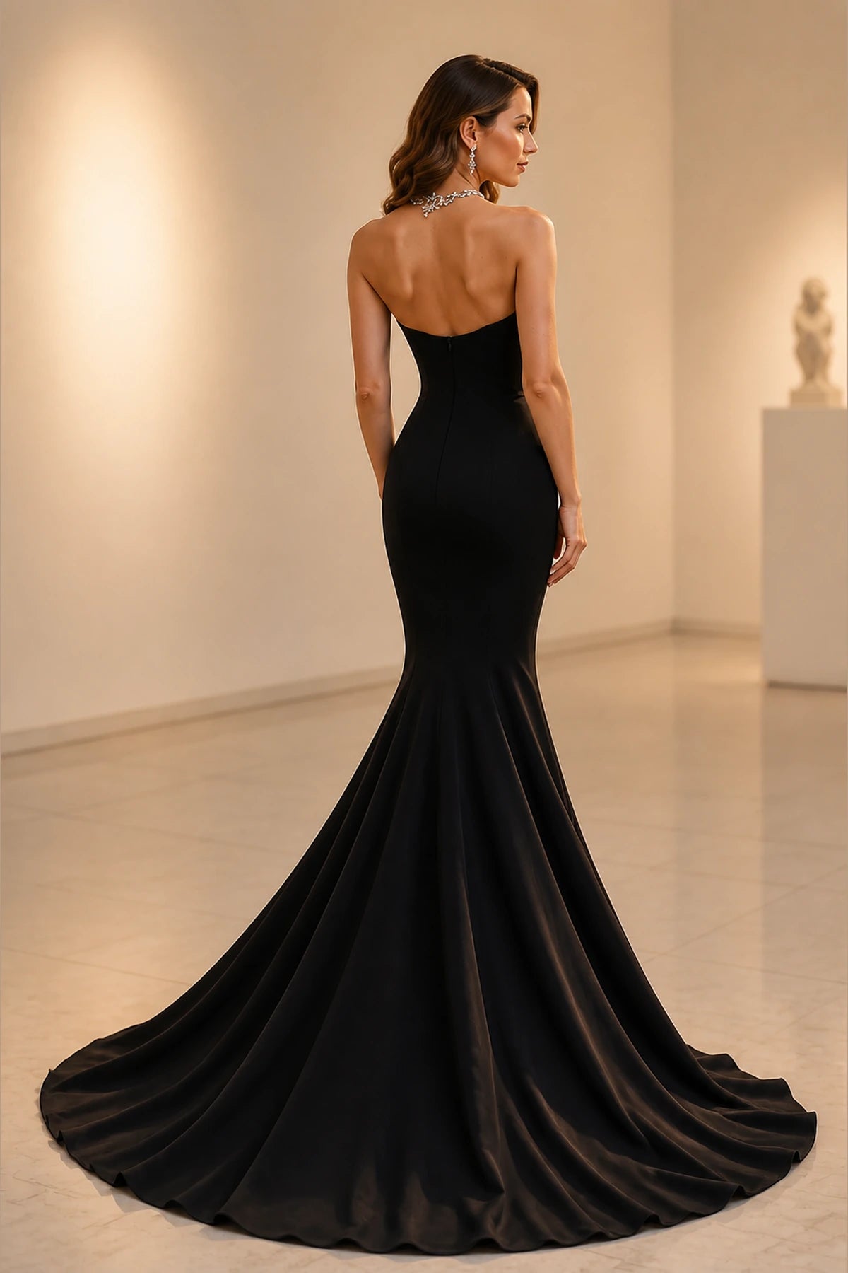 Graceprom black mermaid wedding‑guest formal gown, sleek open‑back view with invisible zipper