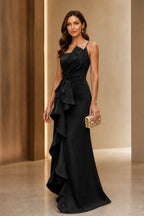Ruffled Mermaid Asymmetric Spaghetti‑Strap Zipper‑Back Long Wedding Guest Dress