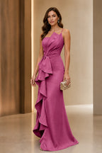 Ruffled Mermaid Asymmetric Spaghetti‑Strap Zipper‑Back Long Wedding Guest Dress