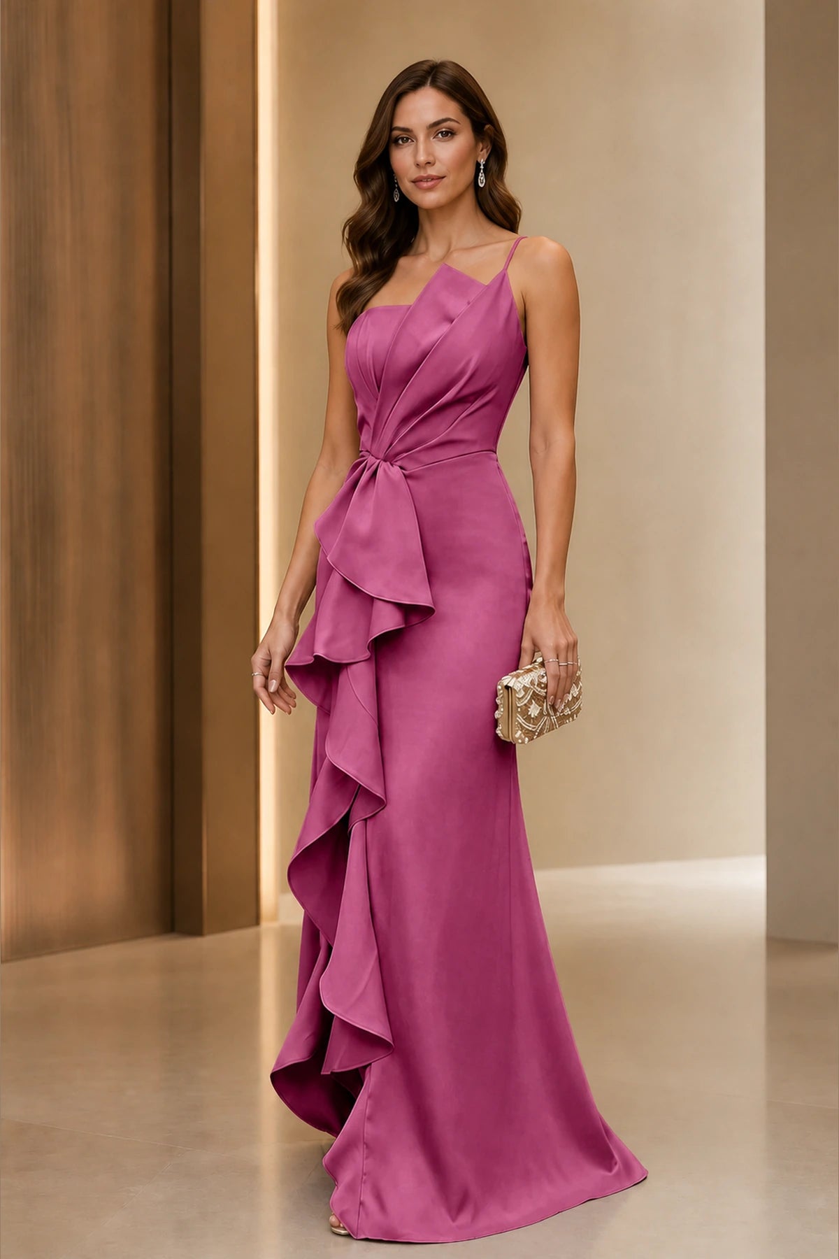 Ruffled Mermaid Asymmetric Spaghetti‑Strap Zipper‑Back Long Wedding Guest Dress