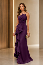 Ruffled Mermaid Asymmetric Spaghetti‑Strap Zipper‑Back Long Wedding Guest Dress