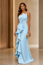 Ruffled Mermaid Asymmetric Spaghetti‑Strap Zipper‑Back Long Wedding Guest Dress