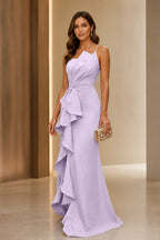 Ruffled Mermaid Asymmetric Spaghetti‑Strap Zipper‑Back Long Wedding Guest Dress