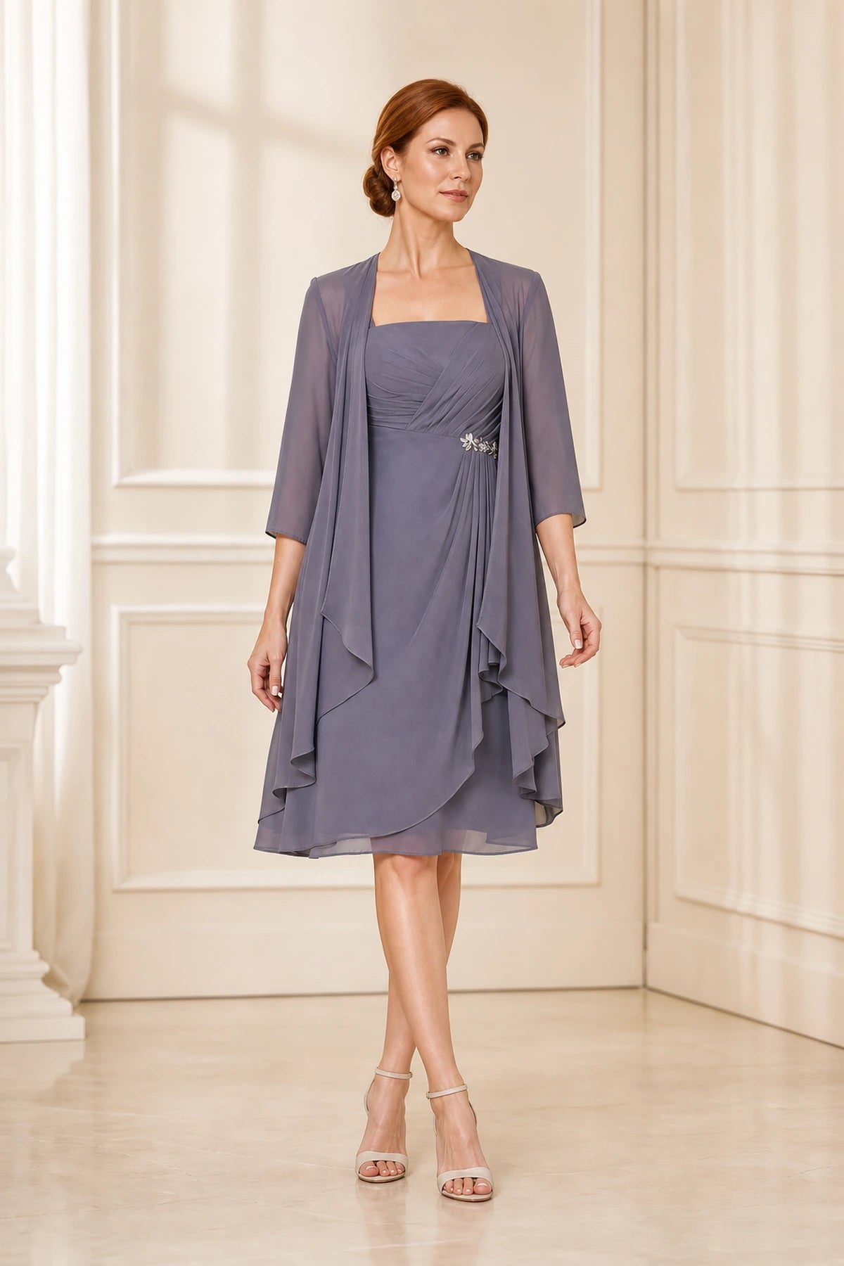 Dusty lavender 2‑piece knee‑length mother of the bride dress with sheer chiffon jacket  graceprom