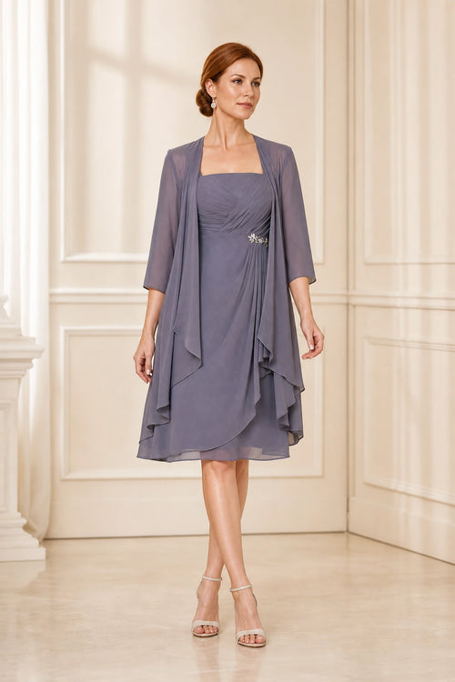Dusty lavender 2‑piece knee‑length mother of the bride dress with sheer chiffon jacket  graceprom