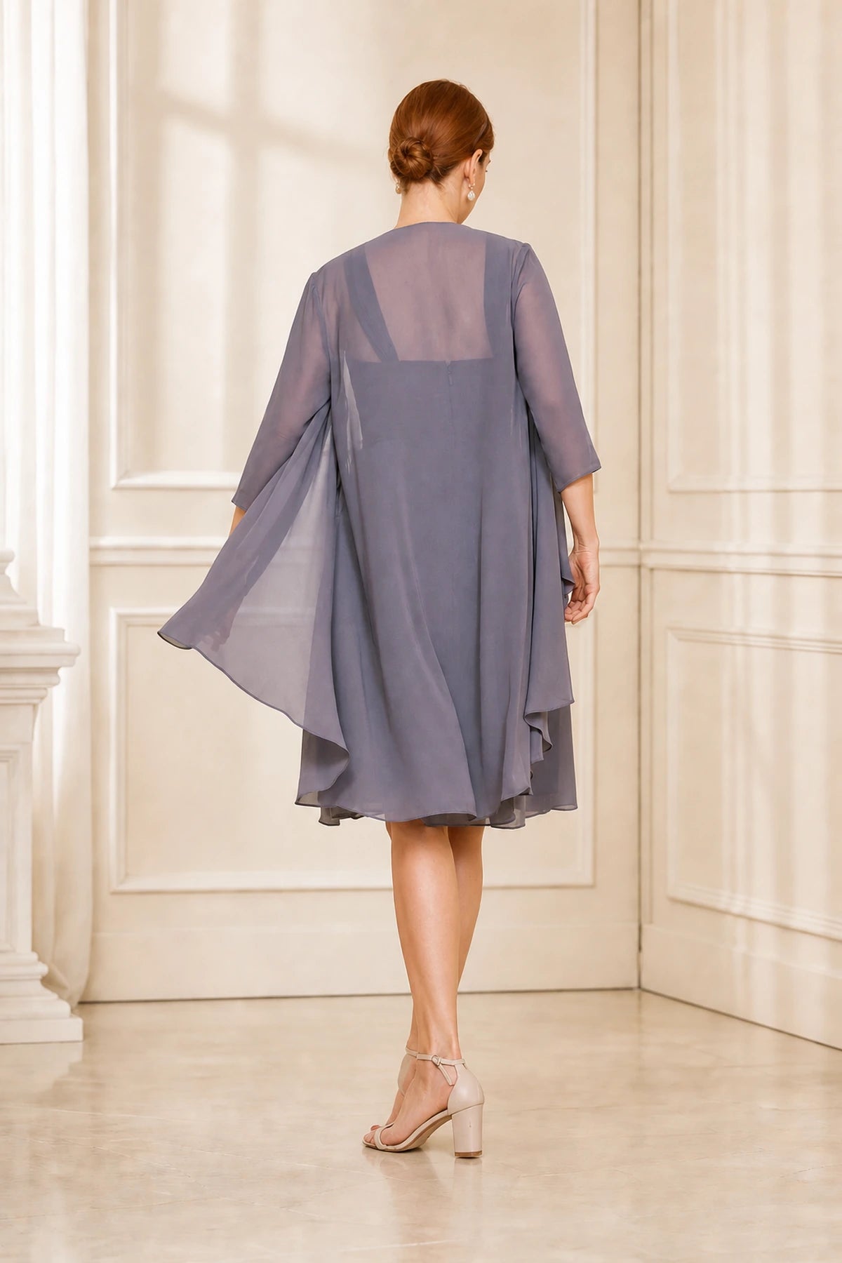 Back view dusty‑lavender square neck mother of bride dress with 3/4 sleeve jacket graceprom