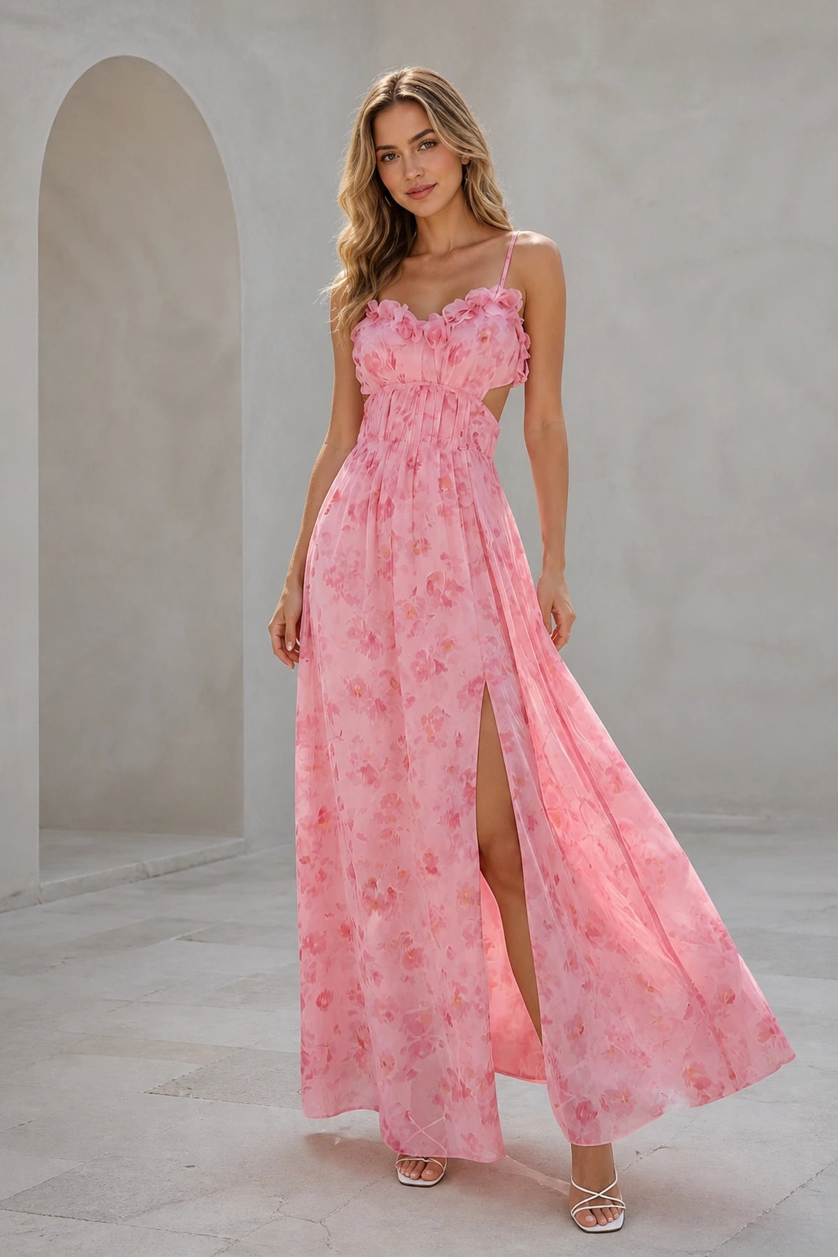 Graceprom pink floral chiffon a‑line bridesmaid maxi dress with cutout waist and side slit