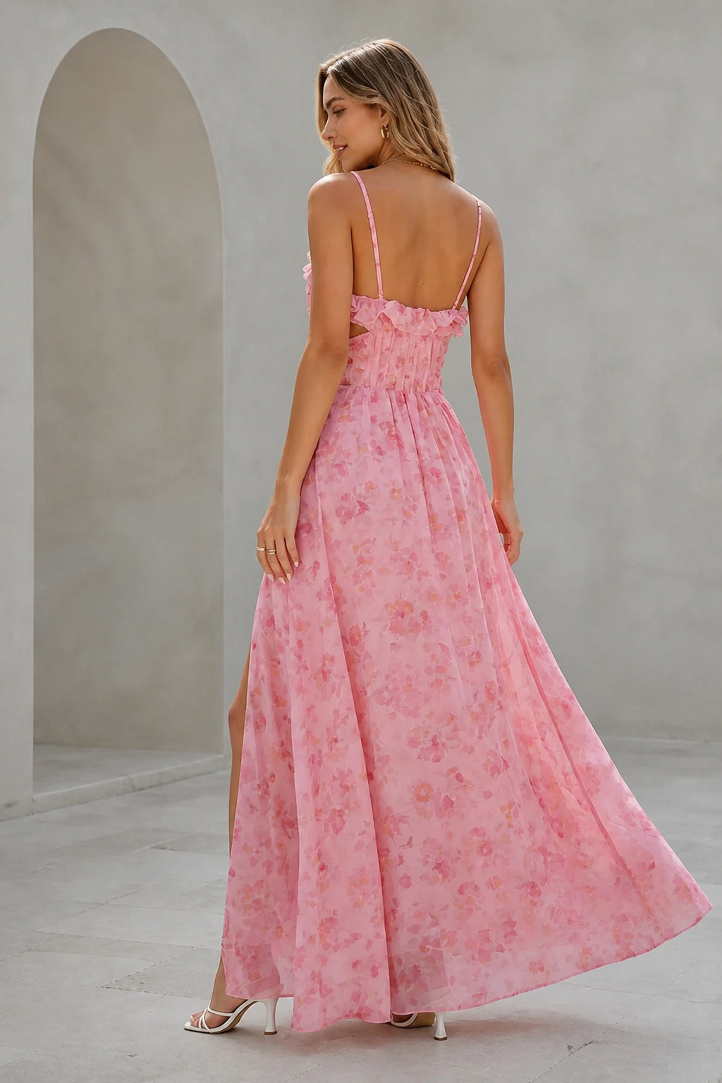 Back view of Graceprom floral spaghetti strap bridesmaid dress with elastic ruffled open back