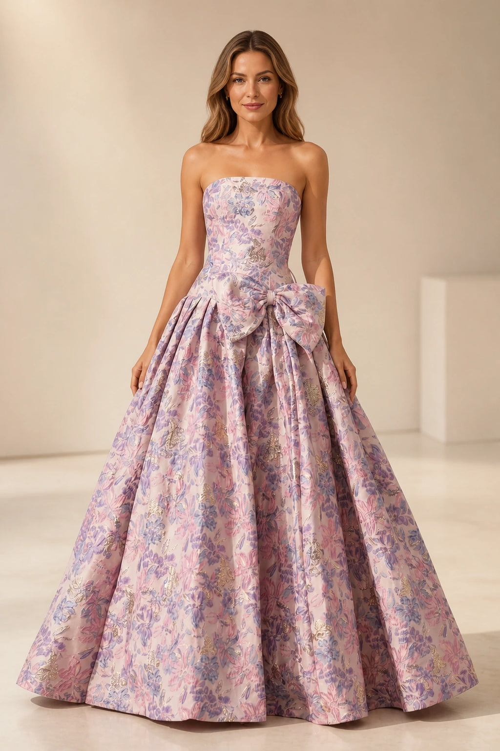 Graceprom floral strapless ball gown prom dress with big bow, pink purple jacquard fabric