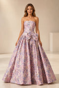 Graceprom floral strapless ball gown prom dress with big bow, pink purple jacquard fabric