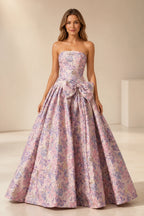 Graceprom floral strapless ball gown prom dress with big bow, pink purple jacquard fabric