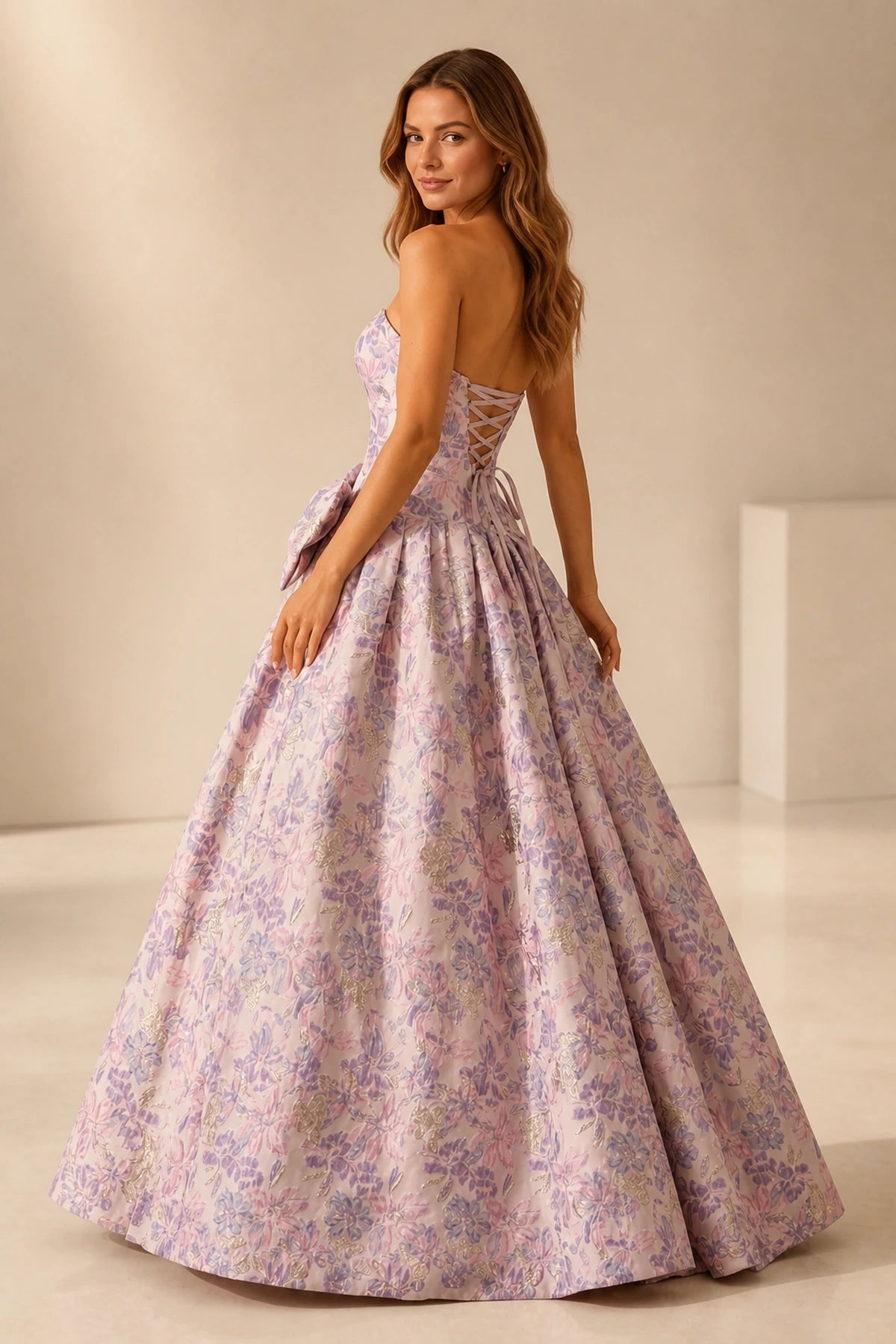 Graceprom long prom dress strapless lace‑up back floral jacquard ballgown view from back