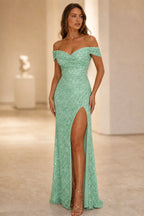 Beaded Mermaid Off‑Shoulder Sweetheart Short‑Sleeve V‑Back Train Prom Dress