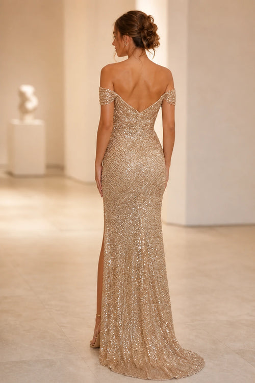  Graceprom gold prom dress v‑back off‑shoulder beaded sequin formal gown back view