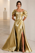 Graceprom shiny metallic gold off‑the‑shoulder prom dress, ruched wrapped bodice, high side slit and flowing A‑line skirt, front view