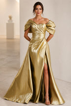 Graceprom shiny metallic gold off‑the‑shoulder prom dress, ruched wrapped bodice, high side slit and flowing A‑line skirt, front view