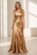Graceprom gold satin one‑shoulder prom dress with 3D floral pleated high slit gown front view