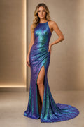 Graceprom iridescent sequin halter mermaid prom dress high slit train gown front view