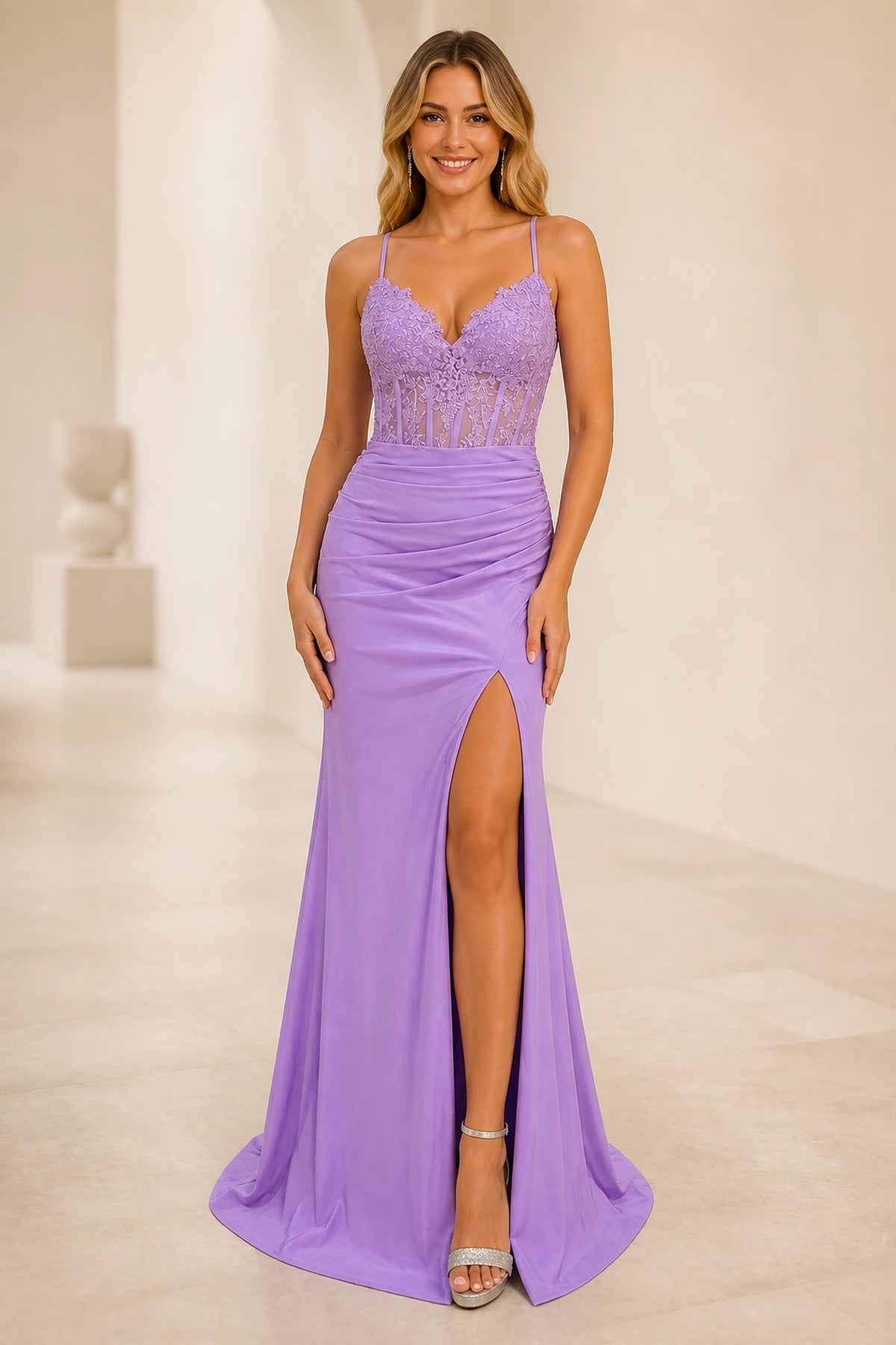 Graceprom lavender lace corset mermaid prom dress with spaghetti straps and high front slit