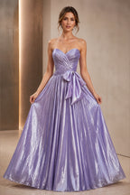 Graceprom lavender shimmery strapless prom dress sweetheart neck bow waist a‑line gown front view