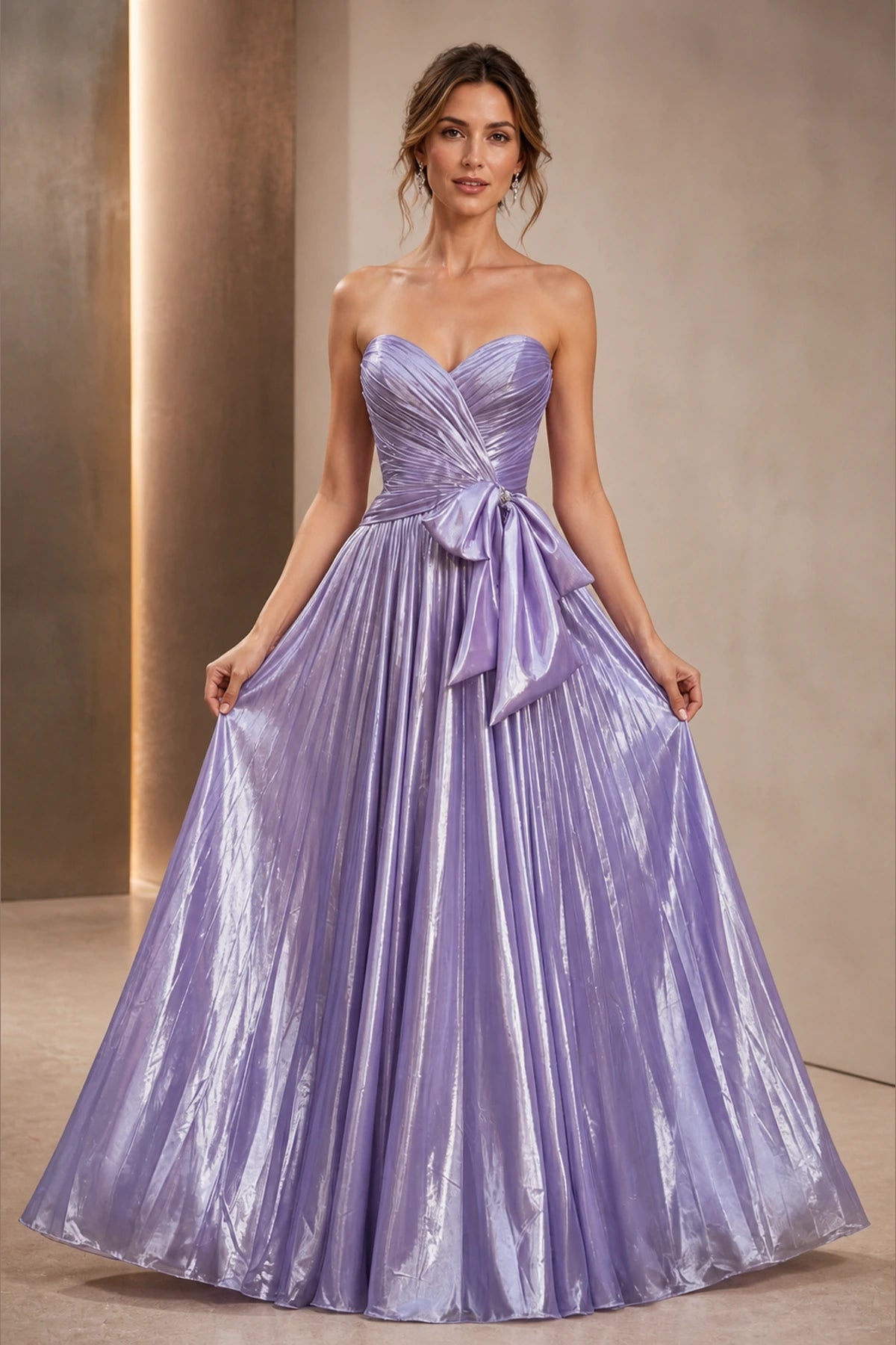 Graceprom lavender shimmery strapless prom dress sweetheart neck bow waist a‑line gown front view