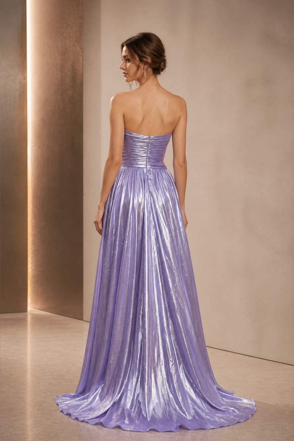 Graceprom long lavender prom dress strapless zipper back shimmery pleated a‑line gown back view