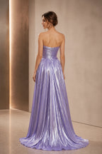 Graceprom long lavender prom dress strapless zipper back shimmery pleated a‑line gown back view
