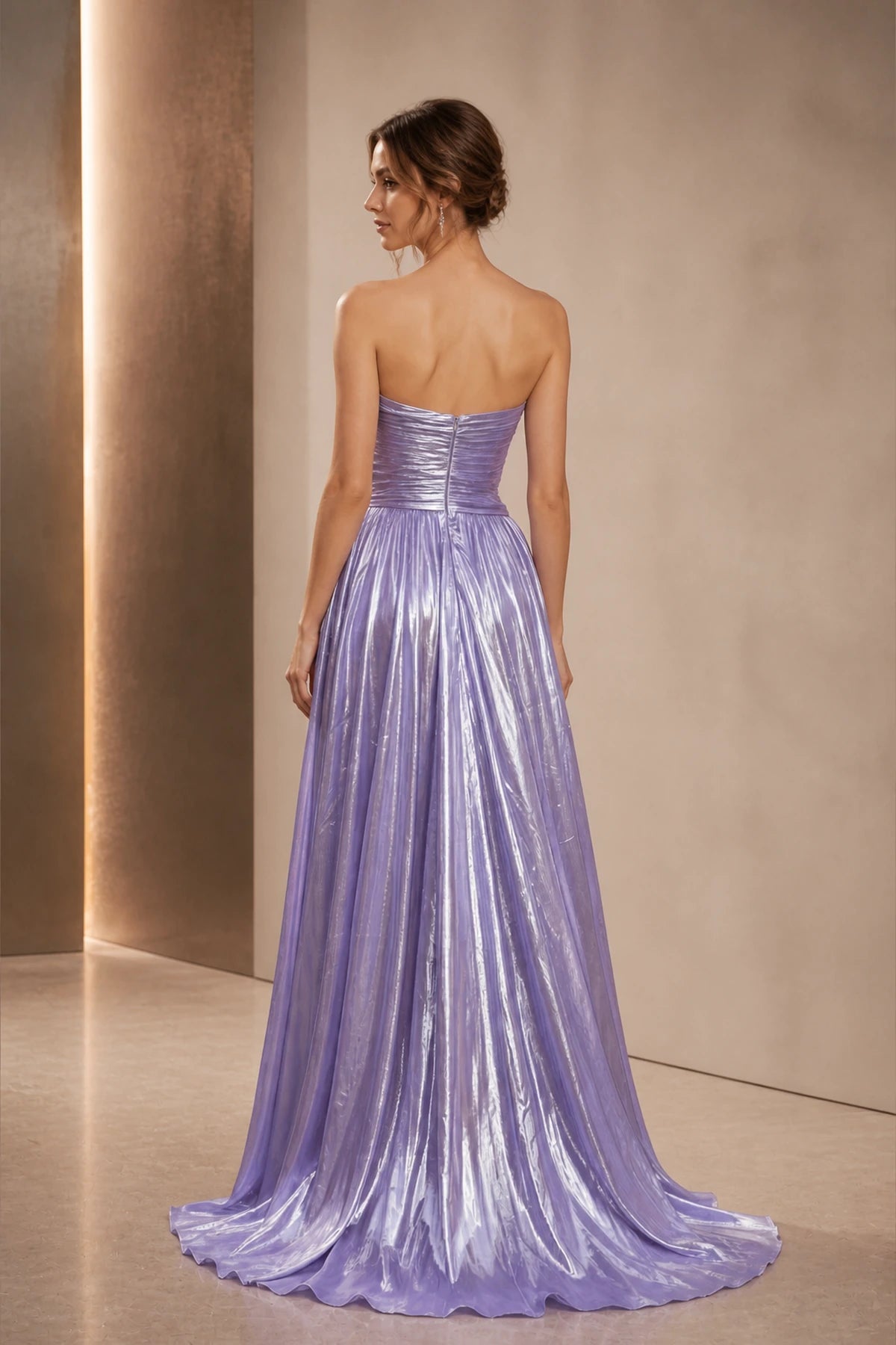 Graceprom long lavender prom dress strapless zipper back shimmery pleated a‑line gown back view