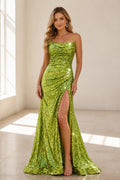 Graceprom lime green sequin strapless mermaid prom dress high slit train evening gown front view
