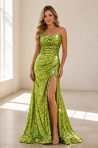 Graceprom lime green sequin strapless mermaid prom dress high slit train evening gown front view