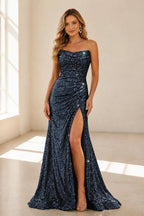 Sparkly Mermaid Strapless Cowl Sleeveless Straight‑Back Slit Train Long Prom Dress