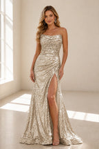 Sparkly Mermaid Strapless Cowl Sleeveless Straight‑Back Slit Train Long Prom Dress