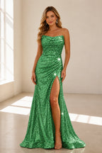 Sparkly Mermaid Strapless Cowl Sleeveless Straight‑Back Slit Train Long Prom Dress