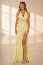 Slit Fitted Halter Sleeveless Open‑Back Long Prom Dress