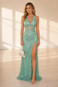 Graceprom mint green halter wedding guest dress sequin floral gown front view