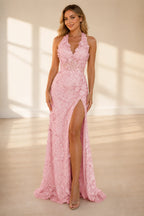 Slit Fitted Halter Sleeveless Open‑Back Long Prom Dress