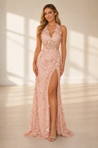 Slit Fitted Halter Sleeveless Open‑Back Long Prom Dress