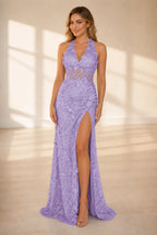 Slit Fitted Halter Sleeveless Open‑Back Long Prom Dress