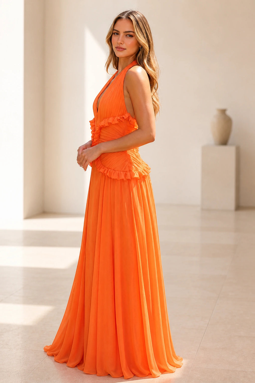 Flowy A‑Line Halter Sleeveless Open‑Back Long Bridesmaid Dress
