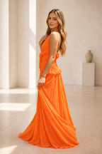 Graceprom long orange bridesmaid dress halter open‑back pleated chiffon gown back view