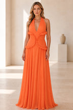 Flowy A‑Line Halter Sleeveless Open‑Back Long Bridesmaid Dress