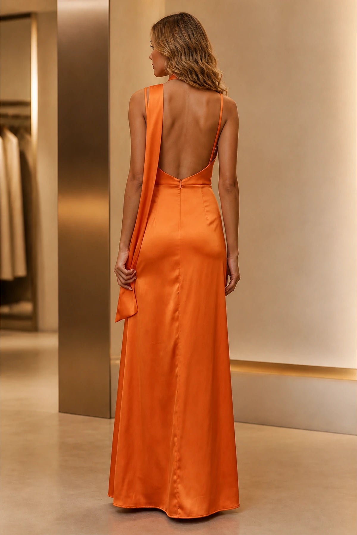 Graceprom orange bridesmaid dress deep V open back satin formal gown back view