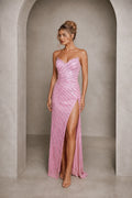 Graceprom pink beaded strapless sweetheart prom dress high slit formal evening gown front view