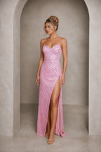 Graceprom pink beaded strapless sweetheart prom dress high slit formal evening gown front view