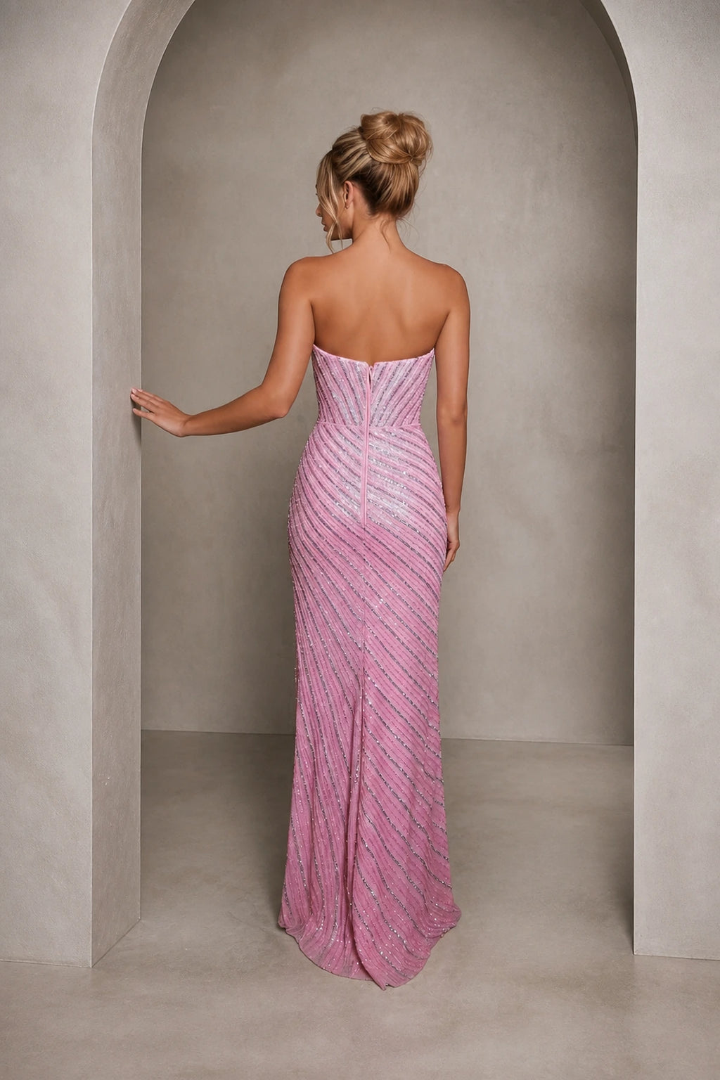 Graceprom sparkly pink prom dress strapless straight back corset party gown back view